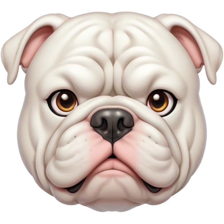 Cinematic Noble White English Bulldog Portrait Emoji, Poised and regal, with a sturdy, muscular build and a pristine, well-groomed pure white coat, deep-set soulful brown eyes, Simplified yet sharp and sophisticated features, highly detailed, glowing with a soft, dignified glow, high shine, intelligent and resolute, stylized with an air of authority, focused and attentive, soft glowing outline, capturing the essence of a watchful and confident guardian, so majestic it feels as though it could lumber out of the screen with effortless authority! emoji