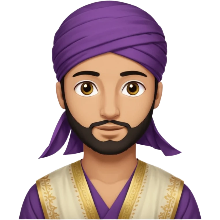 
-Apariencia: Joven de unos 25-30 años, atractivo,.
-Rostro: Ojos oscuros, piel ligeramente morena, rasgos árabes finos.
-Cabello: Negro, algo rizado o suelto, con barba fina.
-cuerpo entero  puede llevar una túnica más oriental, con faja y turbante sencillo emoji