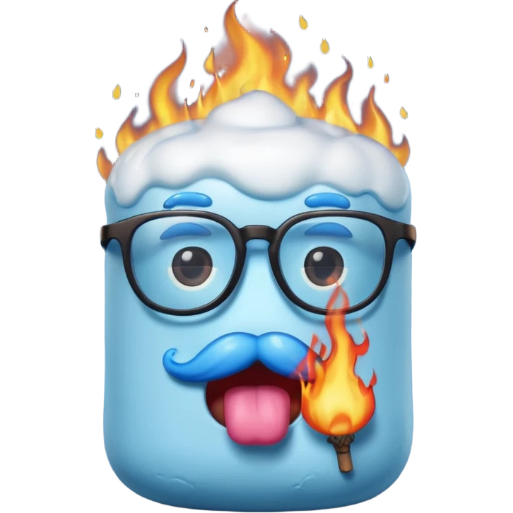 blue marshmallow on fire, surprised with mustache and glassess, just marshmallow emoji