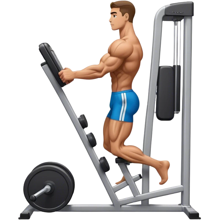 side-view bodybuilder using gym calf-raise machine emoji