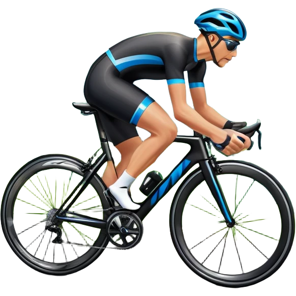 An icon featuring a sleek road bicycle with aerodynamic wheels on a winding mountain road. The background showcases a stunning landscape with rolling green hills, a bright blue sky, and distant peaks. Sunlight casts dynamic shadows, emphasizing motion and speed. Transparent background. emoji