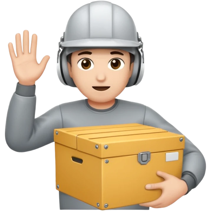 Tengo que dar una capacitacion de orgonomia, necesito un emoji de un operario con casco blanco y buzo gris de manga larga que levante una caja cerrada con las dos manos a la altura de los hombros y que tenga cara de esfuerzo fisico emoji