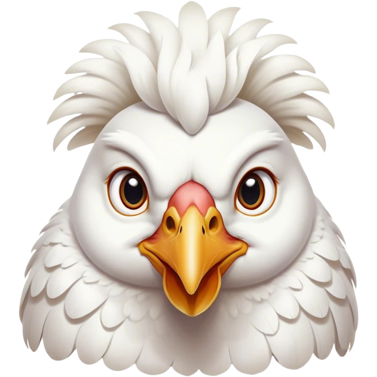 Cinematic Noble White Chicken Portrait Emoji, Poised and regal, with a compact, sturdy build and a pristine, well-groomed pure white plumage, deep-set soulful beady eyes, Simplified yet sharp and sophisticated features, highly detailed, glowing with a soft, dignified glow, high shine, intelligent and alert, stylized with an air of barnyard elegance, focused and attentive, soft glowing outline, capturing the essence of a watchful and confident fowl, so majestic it feels as though it could strut out of the screen with effortless authority! emoji