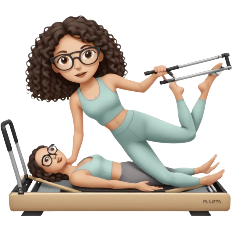 Memoji-style girl with long dark brown curly hair, round glasses, large brown eyes, soft rounded face,makeup, warm beige skin tone, wearing Pilates activewear performing Pilates and reformer Pilates exercises on a reformer machine, pastel color palette, smooth soft shading emoji