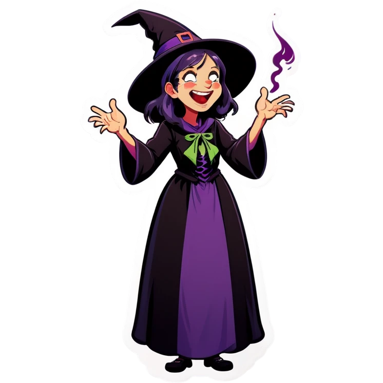 A witch girl casting a curse while laughing emoji