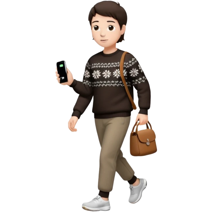 걷고 있는 사람
옷은 겨울에 어울리는 니트와 하의를 입었고 숄더백을 매었다.
머리카락 색깔은 어두운 갈색, 풀은 긴머리를 하고 있다 
귀에는 애플의 에어팟이 착용되어 있다 emoji