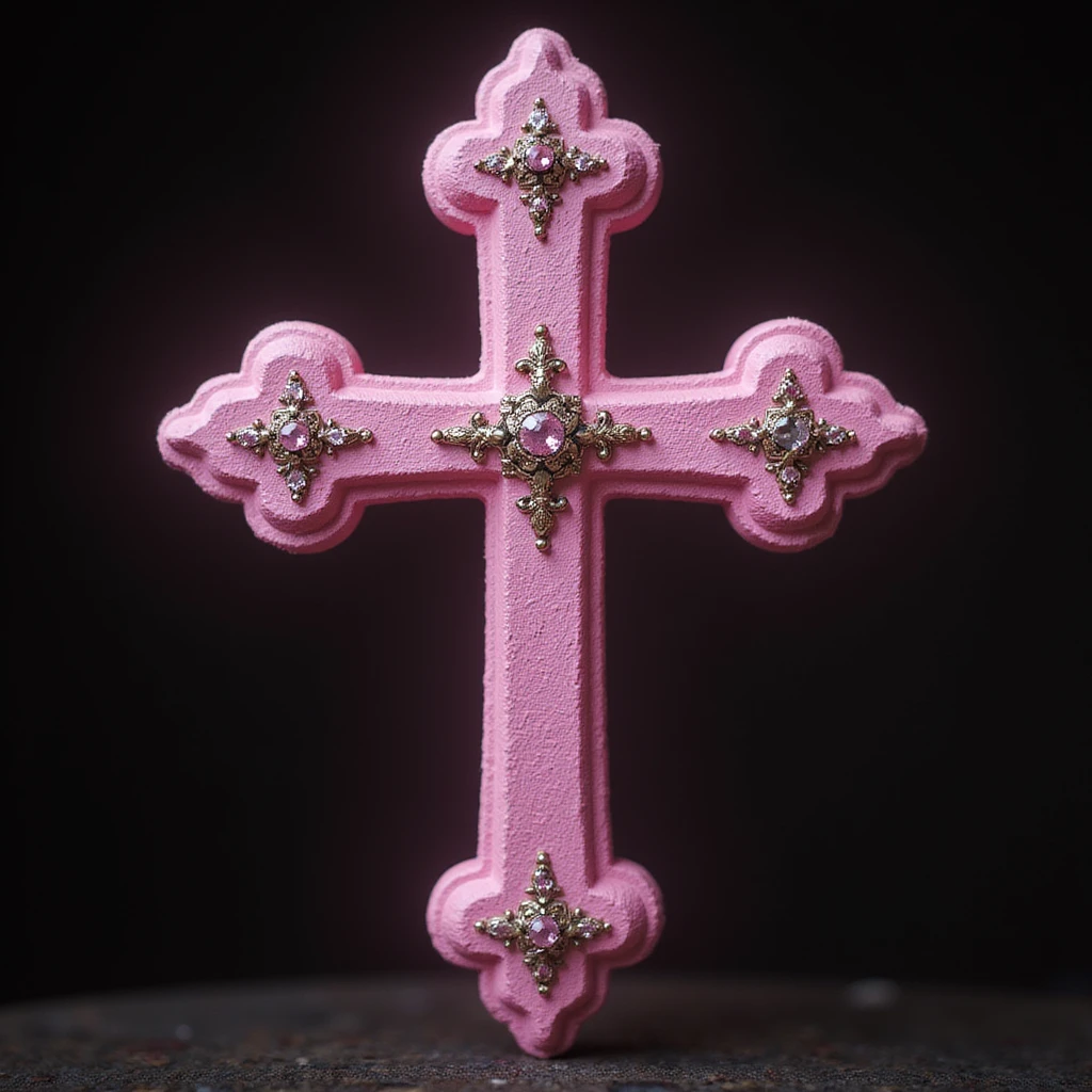 realistic gothic cross, pink with a jeweled crown, photorealistic style emoji