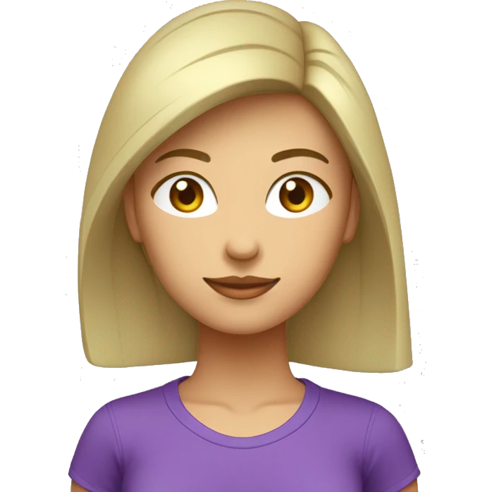 Femme aux cheveux longs châtains lisse avec peau claire avec les yeux verts et avec un t-shirt violet emoji