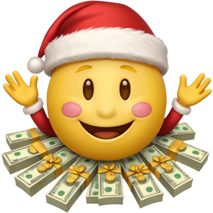 A festive 3D emoji style yellow smiley face wearing a Santa hat, surrounded by stacks of cash and dollar bills, joyful expression, Christmas and New Year theme, high quality, clean design, studio lighting, no text, no background, isolated object, transparent background, emojis.com style emoji