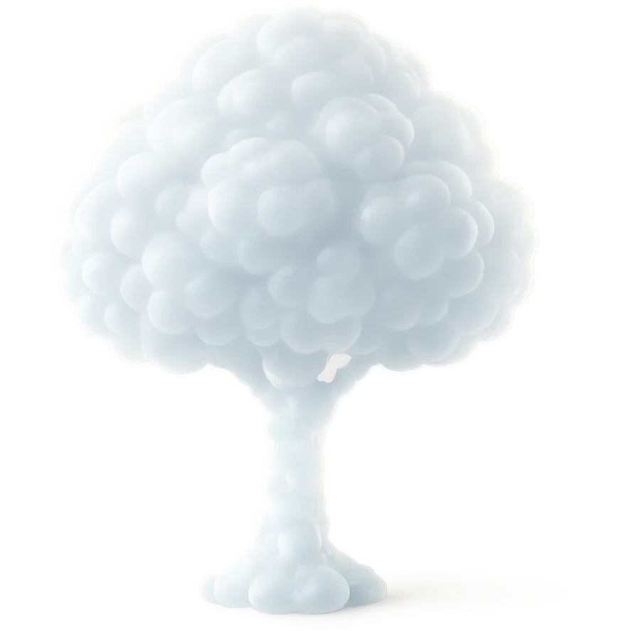 one tree with one white crown cloud and white trunk, both made of small very bright white fluffy convex clouds, matte glass style emoji