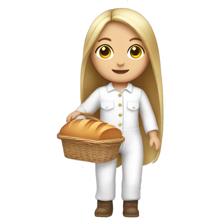 cute white doll, with jumpsuit, white shirt in it, long straight hair, holding a bread basket emoji