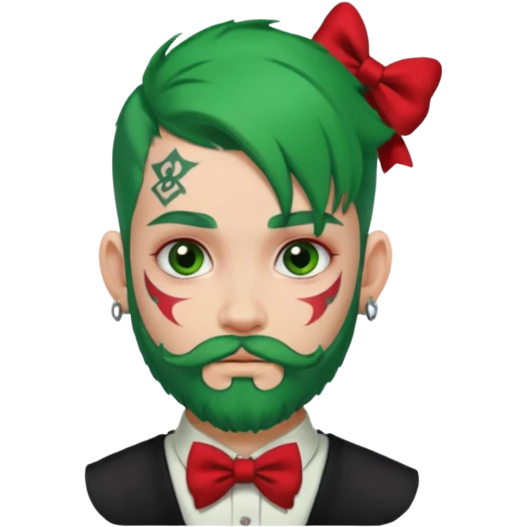 boy with bangs and green hair and red hairbow on side and earrings and very heavy face tattoos and beard emoji