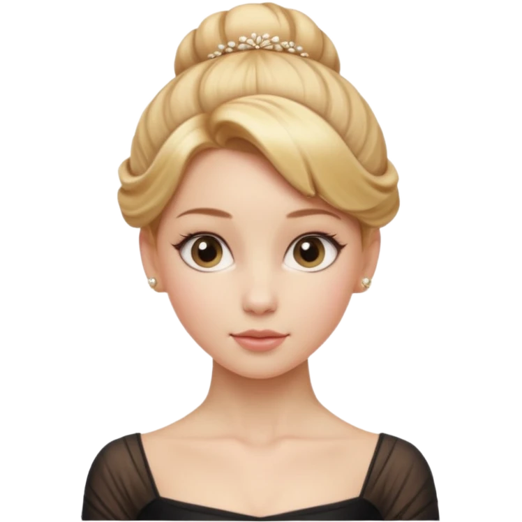 Cinematic Realistic Ballerina Portrait, depicted with lifelike skin texture, subtle rosy undertones, and soft natural lighting that enhances the gentle contours of her face. Her intricately detailed golden blonde hair is elegantly styled in an updo, emoji