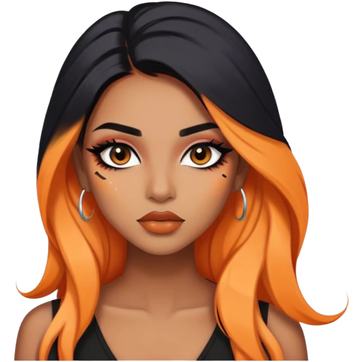 indian girl, brown skin, long black hair, light orange underneath colored hair, baddie,pretty, makeup, lipliner, black eyeliner, emoji