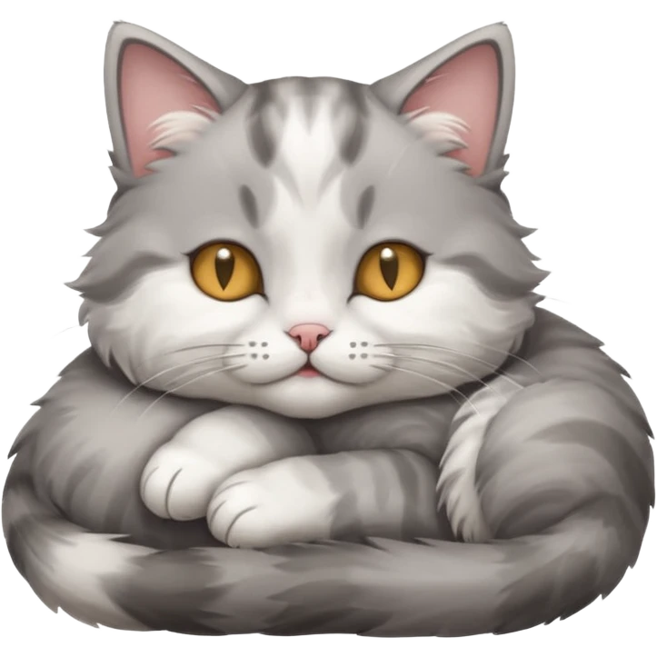 grey and white small cat with its eyes closed lying down with its paw curled and holding up his head emoji