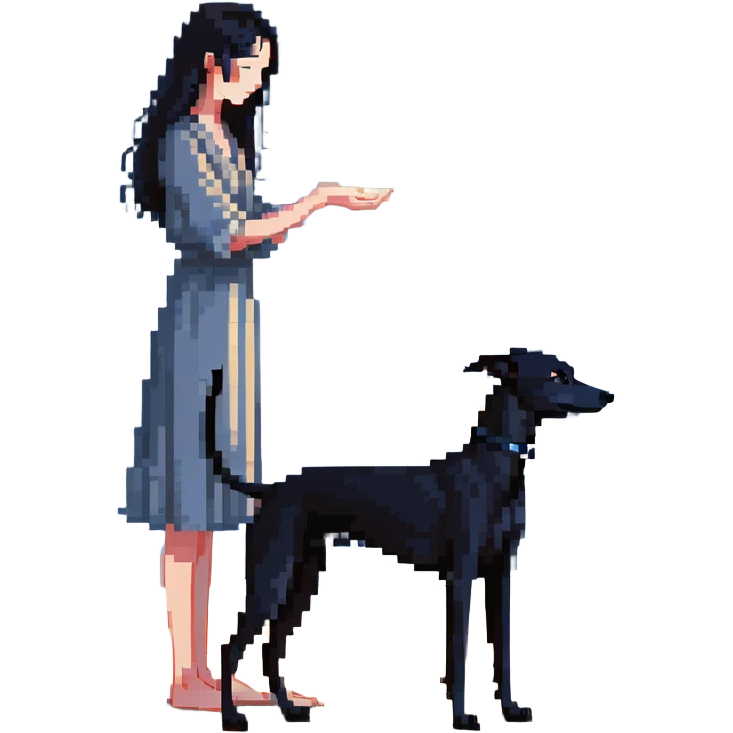 A very beautiful and attractive 25-year-old Japanese woman with long flowing black hair gently petting a SOLID DARK GREY whippet on a beach at night under a starry sky. The woman's hand is lovingly stroking the whippet. The whippet MUST be COMPLETELY SOLID DARK GREY with ABSOLUTELY NO WHITE MARKINGS ANYWHERE - no white chest, no white face, no white paws, no white tip on tail - ENTIRELY ONE SOLID DARK GREY COLOR throughout the entire dog. Deep blue night sky filled with bright stars, moonlight reflecting on the ocean, sandy beach in the foreground. emoji