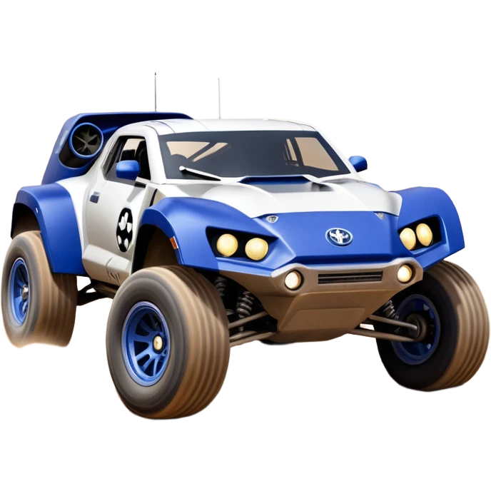 Star Wars storm trooper’s evil darkly night blue Dirty and dented Local Motors Rally Fighter off road race car hot rod meets 2013 Toyota 86 trophy truck-style basher flying down a dusty road (silver wheels) emoji