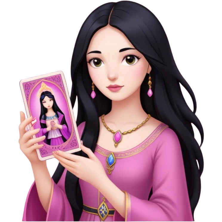 long black hair girl with pink tarot cards emoji