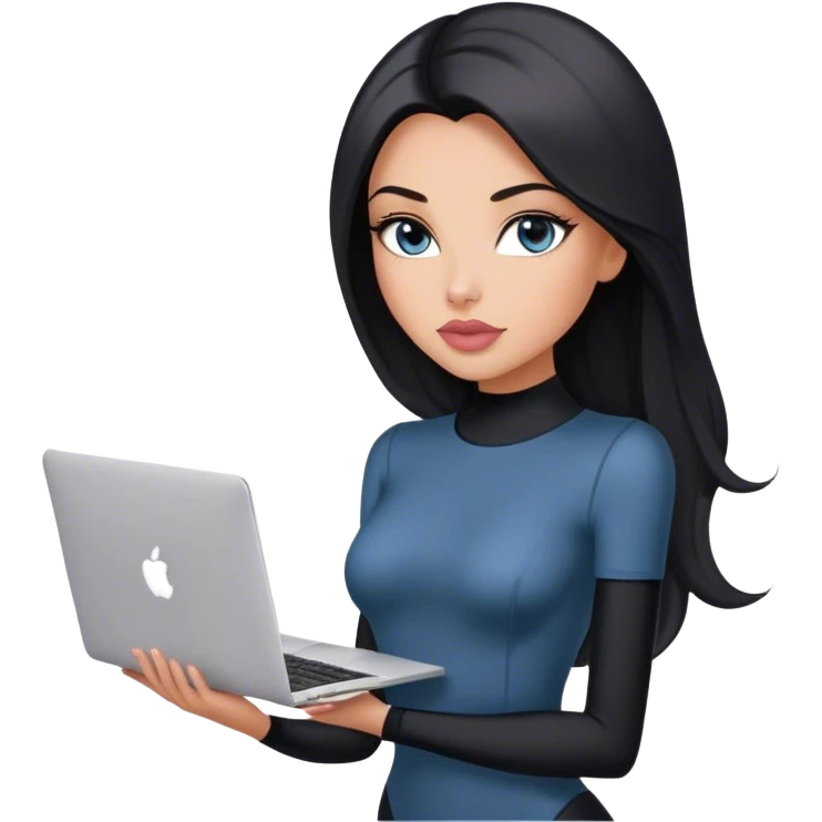 Glamours, tanned, very beautiful girl, with big pump peach-beige-rose lips, black straight smooth silky long hair, straight parting, blue-grey eyes, in short sleeves black bodysuit holding MacBook emoji