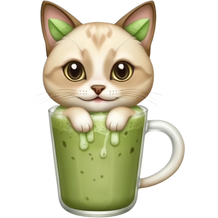 Happy Siamese Cat holding in its paws an iced matcha latte emoji
