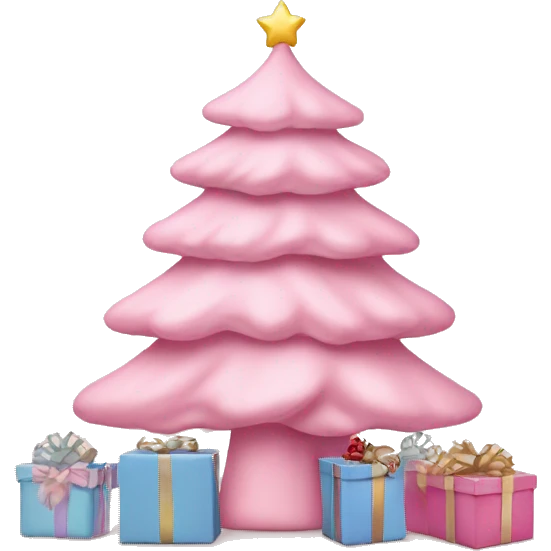 pastel pink christmas tree and some gift boxes under t he emoji