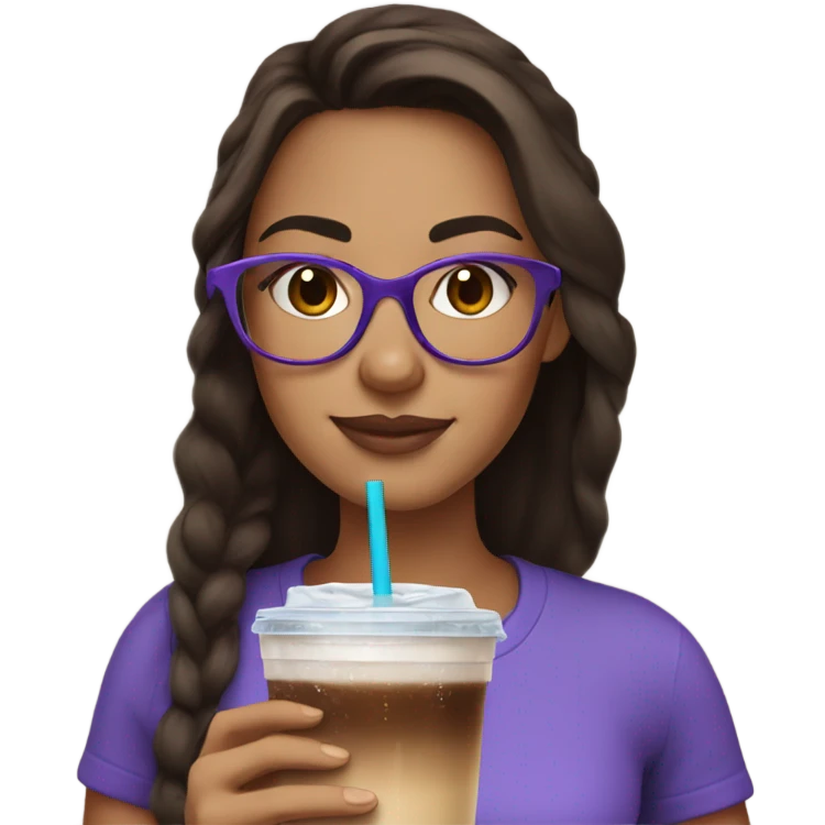 Brunette girl wearing purple glasses and drinking an ice coffee emoji