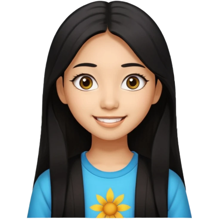 20 yr old asian woman hair trendy clothes center part big eyes big smile tanned skin straight black hair hippie part hair  emoji