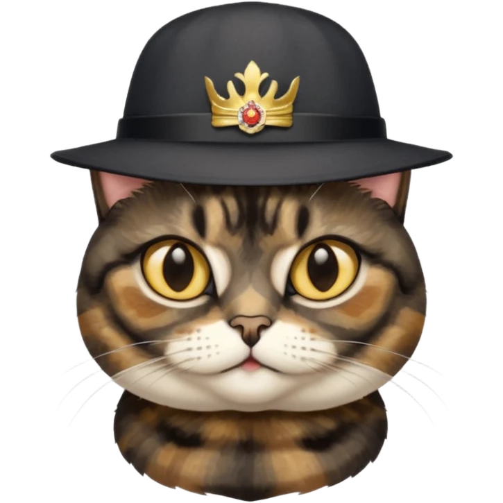 mostly black tortie cat, gold eyes, british hat emoji