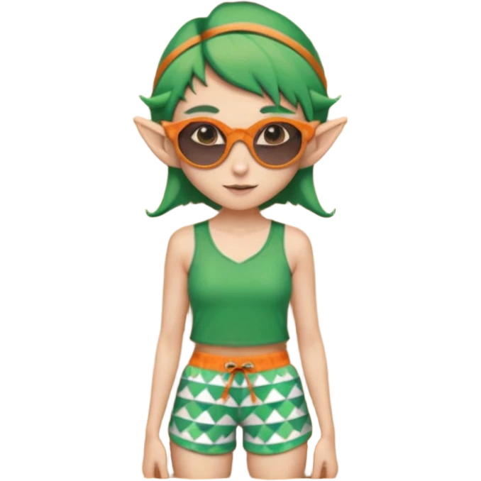 elf female legolas portrait, patterned board shorts (geometric/abstract), unique wooden-framed sunglasses, undercut hairstyle, slight smirk, visible pointy ears, no background, centered emoji, hipster summer vibe coctails emoji