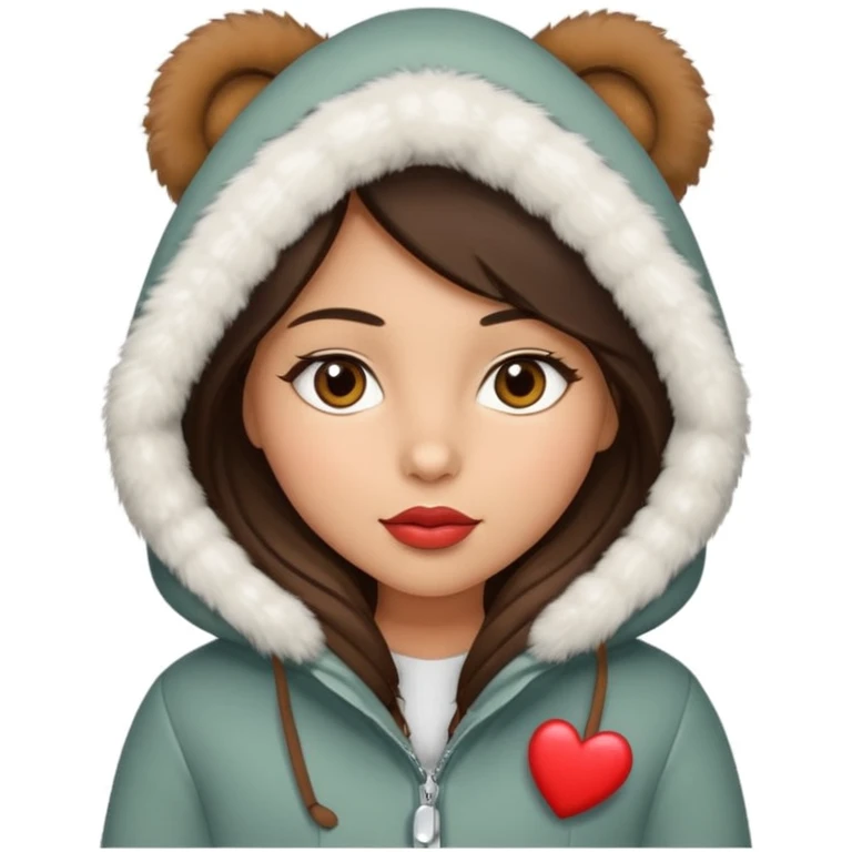 A girl with olive skin tone, brown eyes, brunette,  heart shaped lips and almond shaped eyes born in December loves winter emoji