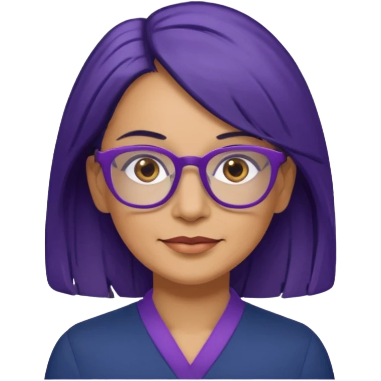 51-year-old woman. Navy blue shoulder-length hair. Purple wire-rimmed glasses. Brown eyes. emoji