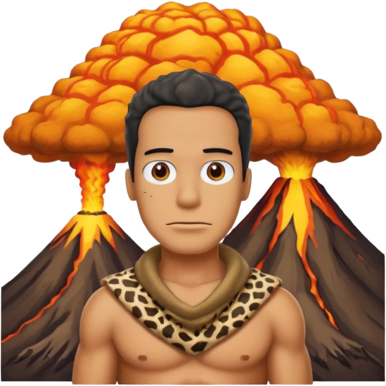 a simpson guy wearing ancient animal skin cloth with volcano behind, half body, icon emoji