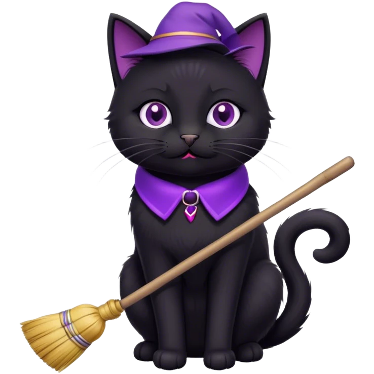 cute black cat with a broom, purple collar emoji