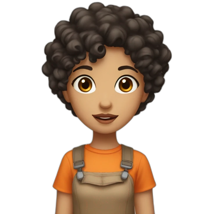 a light skin girl with curly black hair and brown eyes an and a orange shirt pointing at somthing emoji