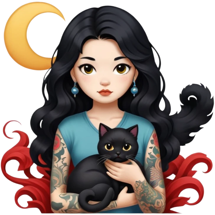a Chinese girl with long black  Big Wave hair and tattoos and a black round faced cat emoji
