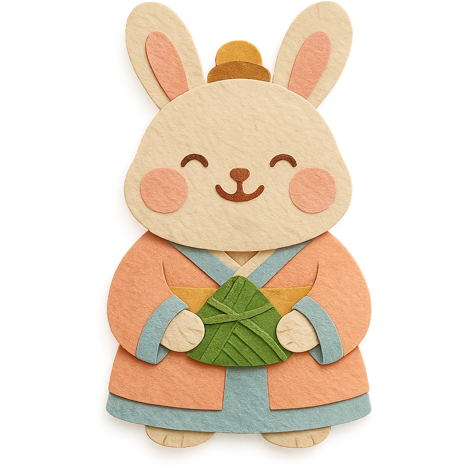 chubby bunny in hanfu holding a bamboo-wrapped zongzi with a big smile, Chinese traditional style, soft tones emoji