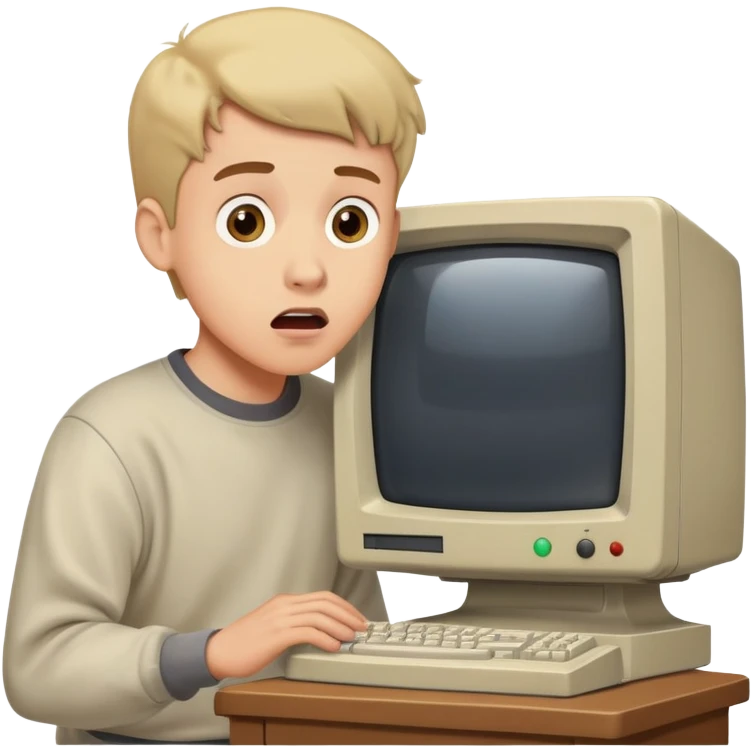 Young man with surprised expression looking at a very old, bulky desktop computer from the 1990s with CRT monitor emoji
