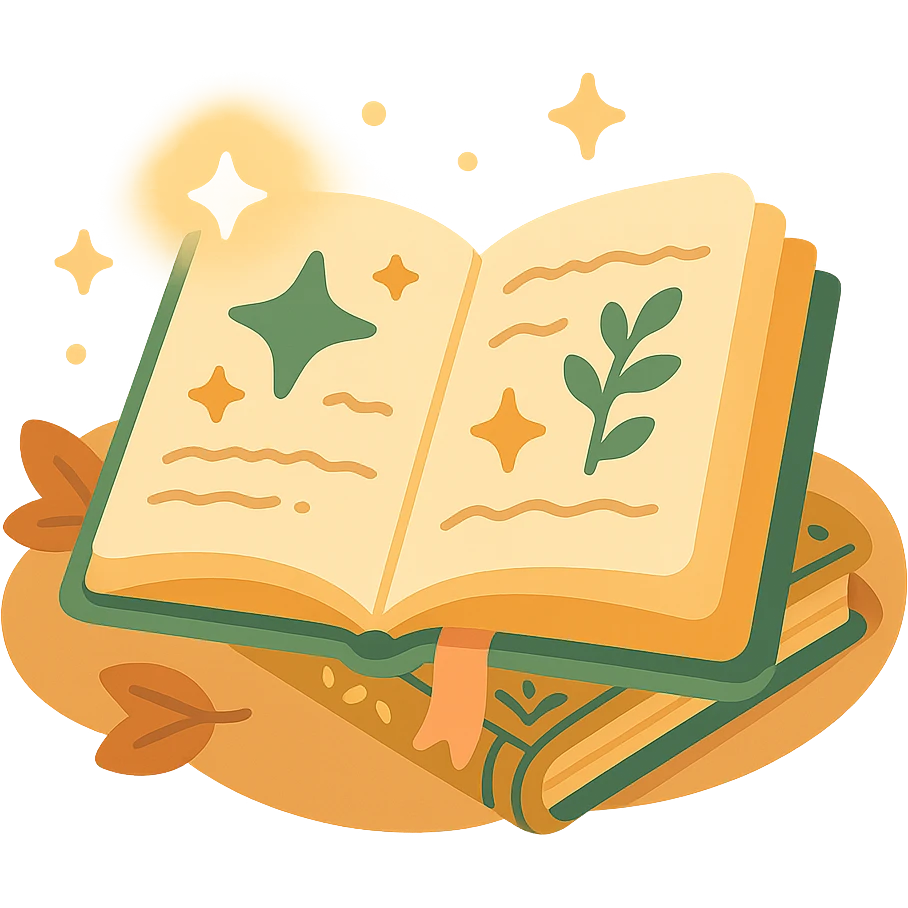 A cute open book lying on a cozy surface, designed in a soft and magical color palette: golden orange (FA9B41), deep forest green (4A7C5C), warm taupe brown (96775A), and pastel peach (FFCC9A). The pages are slightly aged with gentle curves, featuring whimsical illustrations, tiny stars, and elegant handwritten text. The book cover, visible beneath the open pages, has decorative patterns and a ribbon bookmark in peach and green tones. Around the book, add soft light, a few leaves, or glowing sparkles, creating a dreamy, enchanted, storybook-like atmosphere. The overall mood is warm, magical, and gentle emoji