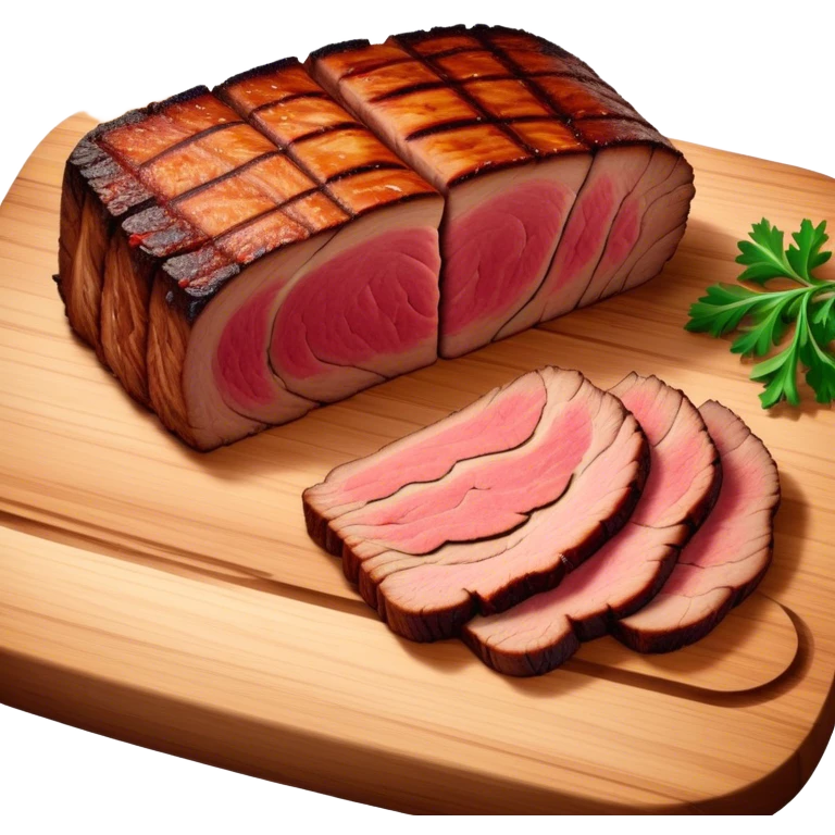 Cinematic smoked brisket, deep mahogany crust, perfectly sliced to reveal juicy marbled meat, warm smoky aroma, served on a wooden board, rich and flavorful, ultra-detailed and appetizing. emoji