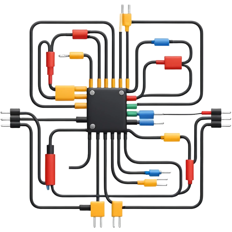 minimalistic electrical circuit schematic icon, top-down view, using basic geometric shapes like lines, dots, arrows to represent resistors, wires, connection nodes, clean and intuitive symbolic wiring diagram, instantly recognizable emoji