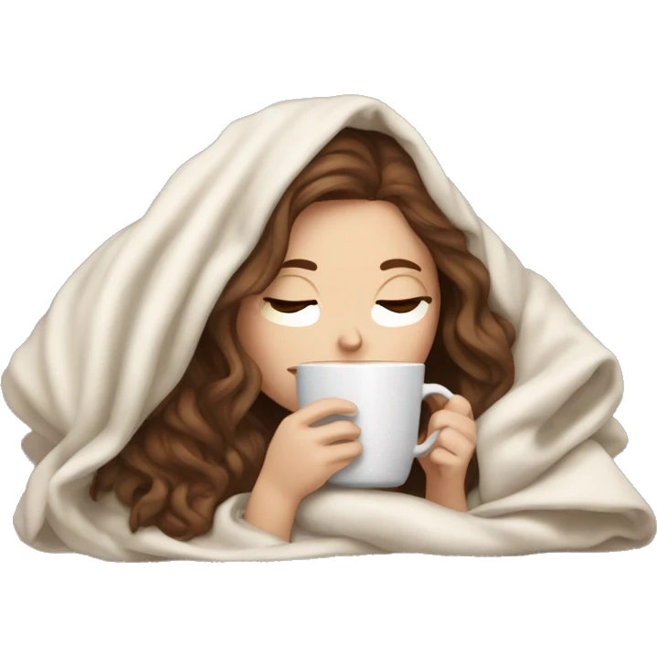 brown-haired white girl inside a blanket sipping coffee eyes closed emoji