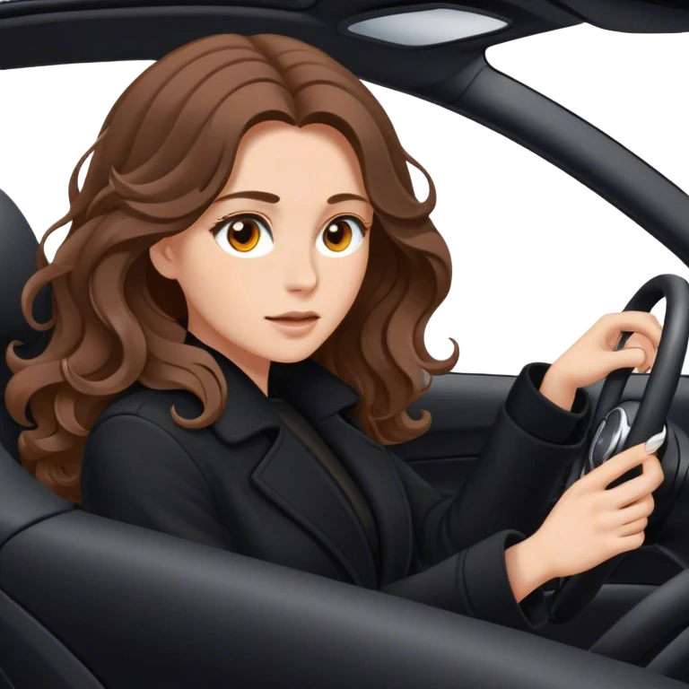 A thin white woman with long wavy brown hair in a black coat with brown eyes while driving a car and wearing silver rings and looks beautiful focused emoji