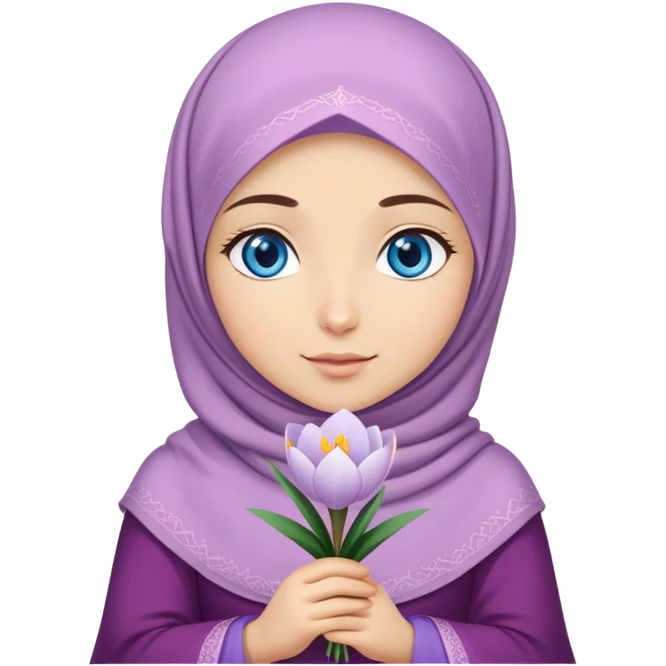 Turkish beautiful finish Konya girl blue eyes with crocus hijab and islamic dress and hold crocus flower on hand  emoji