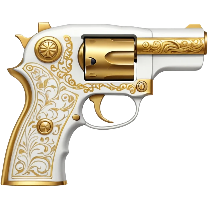 an artistic handgun, short but deadly, all white with golden decoration, unique shape emoji