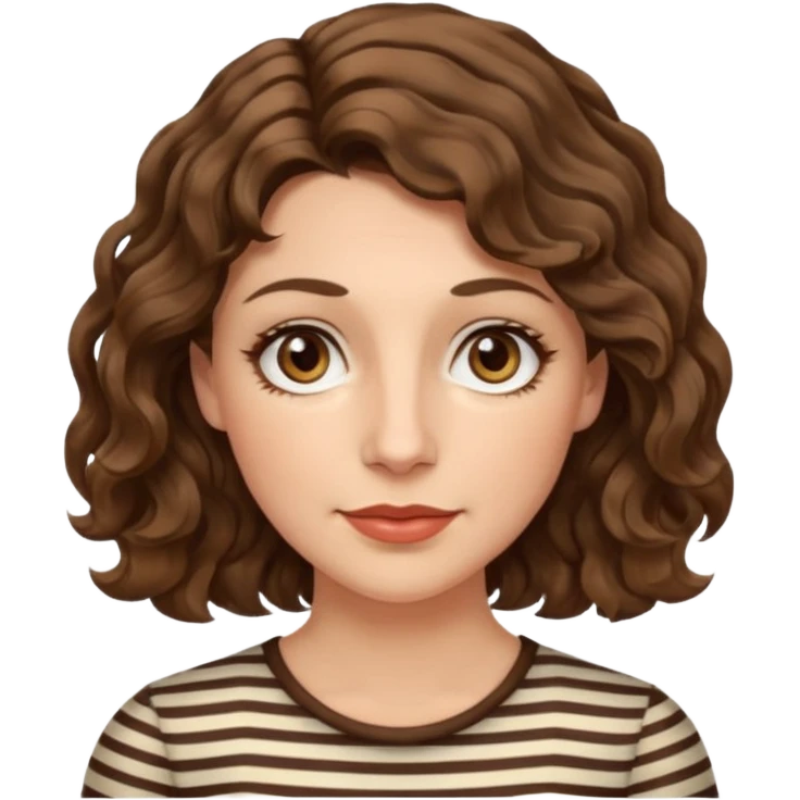 caucasian woman, 40s, chin-length wavy/curly/unruly brown-ish, few white stripes hair, hazel eyes emoji