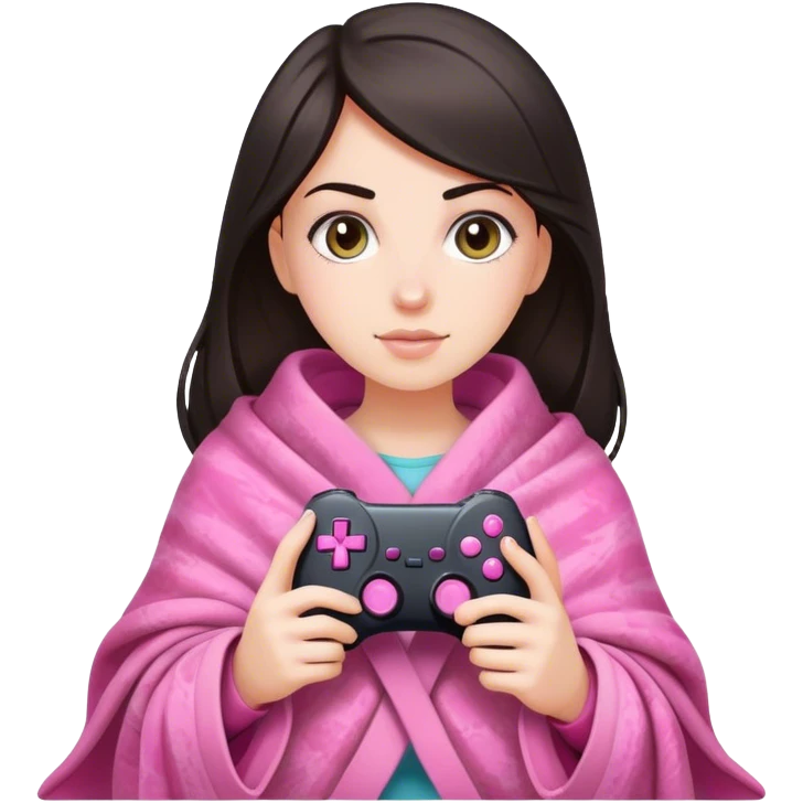 White girl with dark hair wrapped up in a blanket with a pink gaming controller in her hands emoji