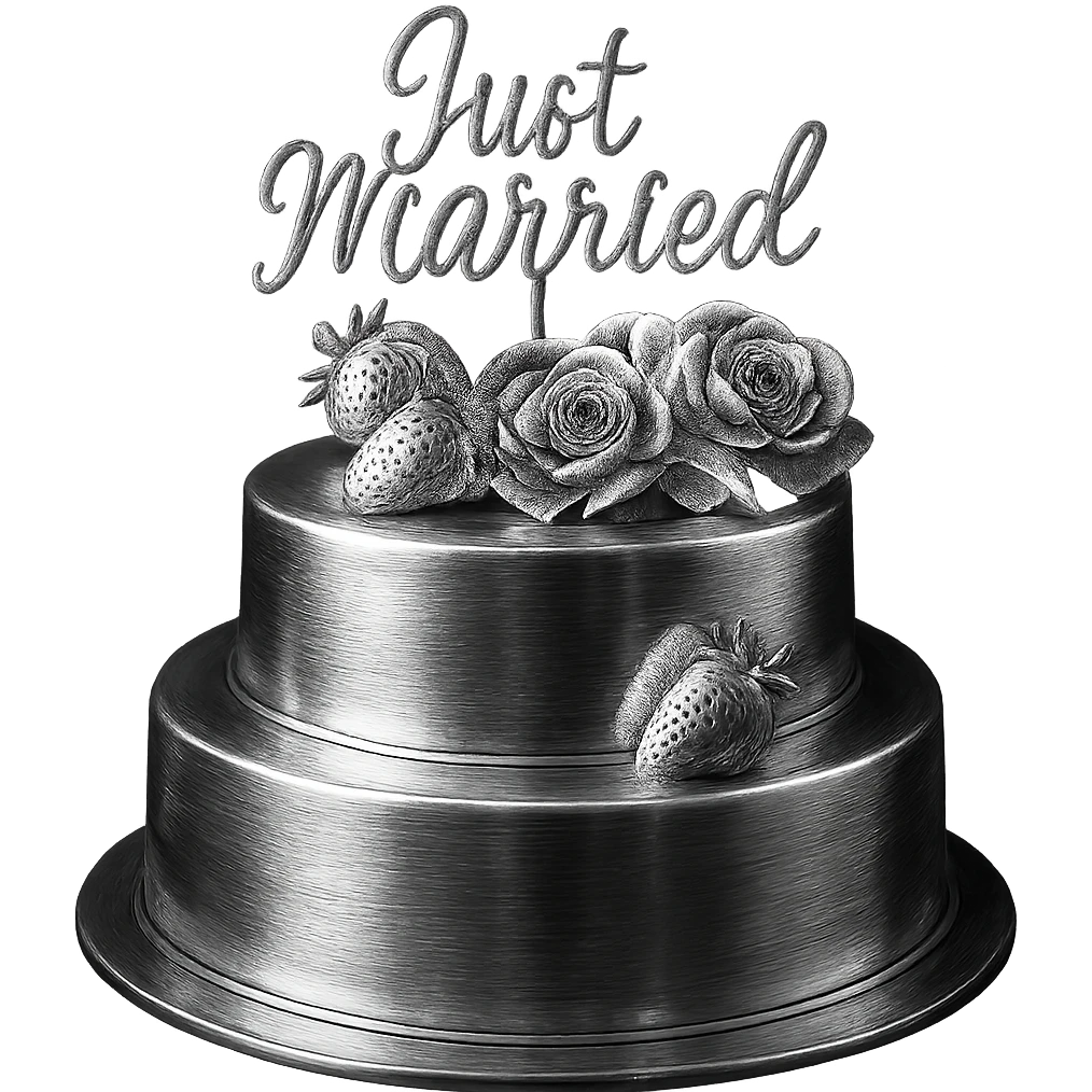 white wedding cake with strawberries, pink roses, 'Just Married' topper, chrome style emoji