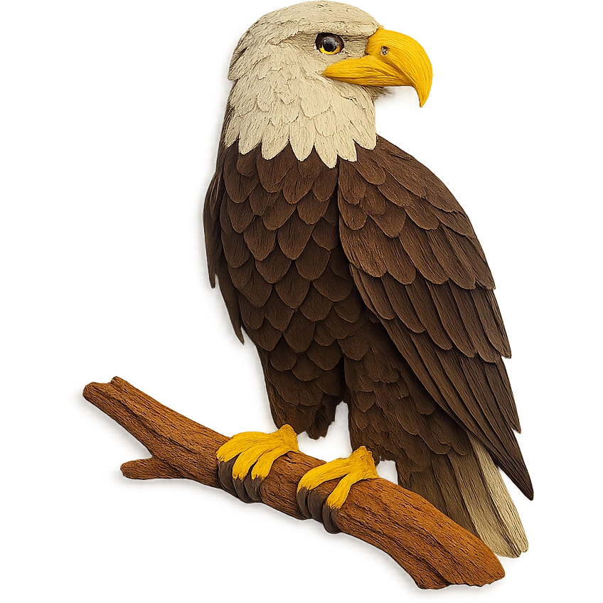 very detailed bald eagle perched on a tree branch, intricate cut paper textures, white head, yellow beak, dark brown body, realistic markings emoji
