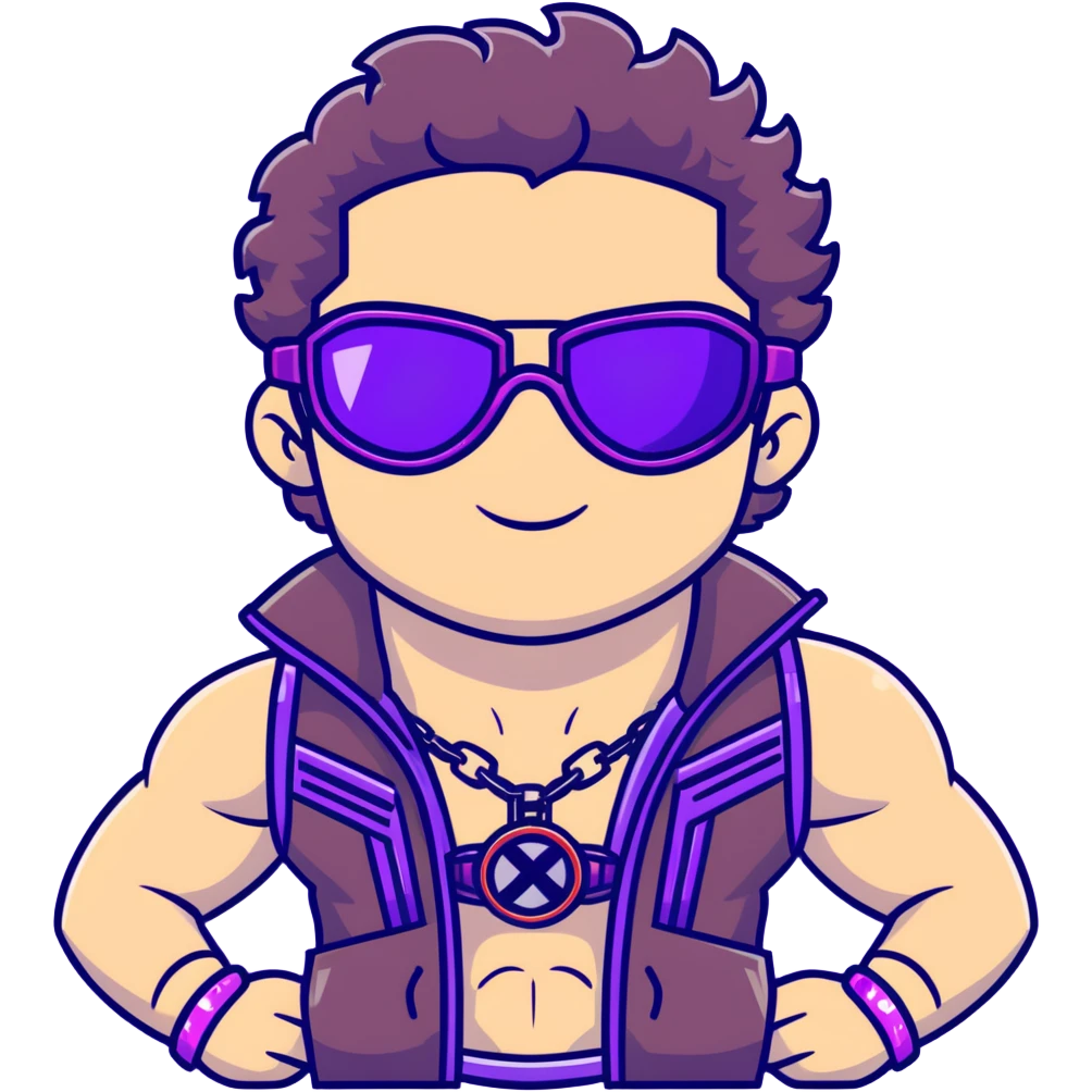 close-up of cool guy male athlete with white skin and moderately curly dark brown hair on top with shaved sides, with one purple ski goggle lens pushed up above his eyes on his forehead, with an arrogant smug smirk on his face, wearing only a plain black chain necklace around his neck, and a completely unzipped sleeveless vest with purple and black sequin fire pattern design with no logo, clearly showing he is shirtless underneath with exposed chest and abs emoji