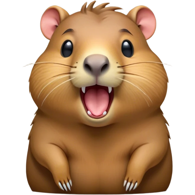 Cinematic Cute Yawning Capybara Portrait Emoji, Head tilted slightly with a dramatic, wide-open yawn, showcasing a plush, rounded body with a broad capybara head featuring a short snout and subtle, small ears, with drowsy, half-closed eyes and a relaxed expression, Simplified yet irresistibly adorable features, highly detailed, glowing with a soft, cozy natural glow, high shine, relaxed yet expressive, stylized with a dash of whimsical charm, soft glowing outline, capturing the essence of a drowsy yet affectionate capybara guardian that seems ready to stretch out for a nap! emoji